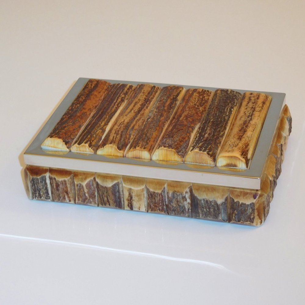 NOS Italian Natural Split Stag Horn & Polished Hardwood Trinket Box $500 retail
